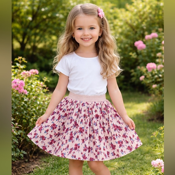 Pippa & Julie Other - Pippa & Julie Girl's Pink With Red Floral Print‎ Pleated Velour Skirt Size 5T